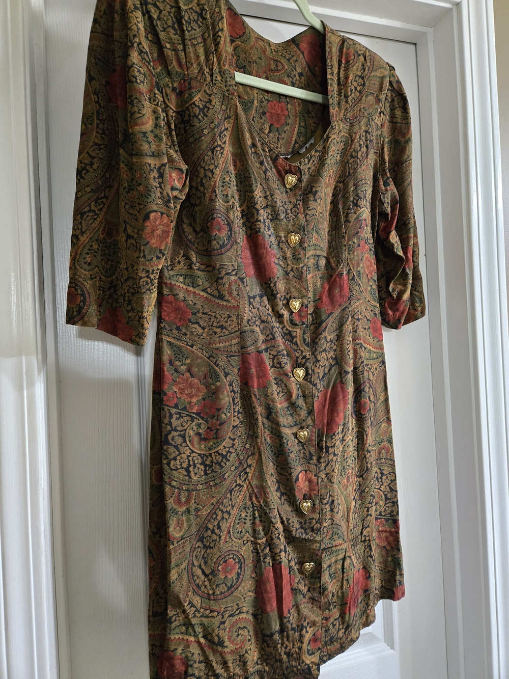 Beautiful Vintage Brown Paisley Dress w Red Floral Accents & Gold Heart Buttons - Picture 7 of 8